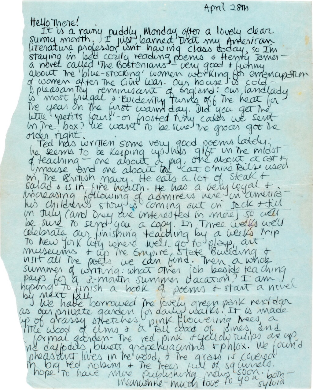 View full screen - View 1 of Lot 30. Sylvia Plath | Autograph letter signed, to Edith and William Hughes, "hoping to finish a book of poems", 28 April 1958.