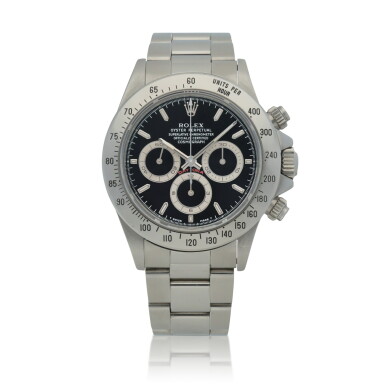 View full screen - View 1 of Lot 59. 'Patrizzi Dial Zenith' Daytona, Ref. 16520, Stainless steel chronograph wristwatch with bracelet and 'tropical' subsidiary dials Circa 1994 | 勞力士 | 16520型號「'Patrizzi Dial Zenith' Daytona」精鋼計時鍊帶腕錶配熱帶小錶盤,約1994年製.