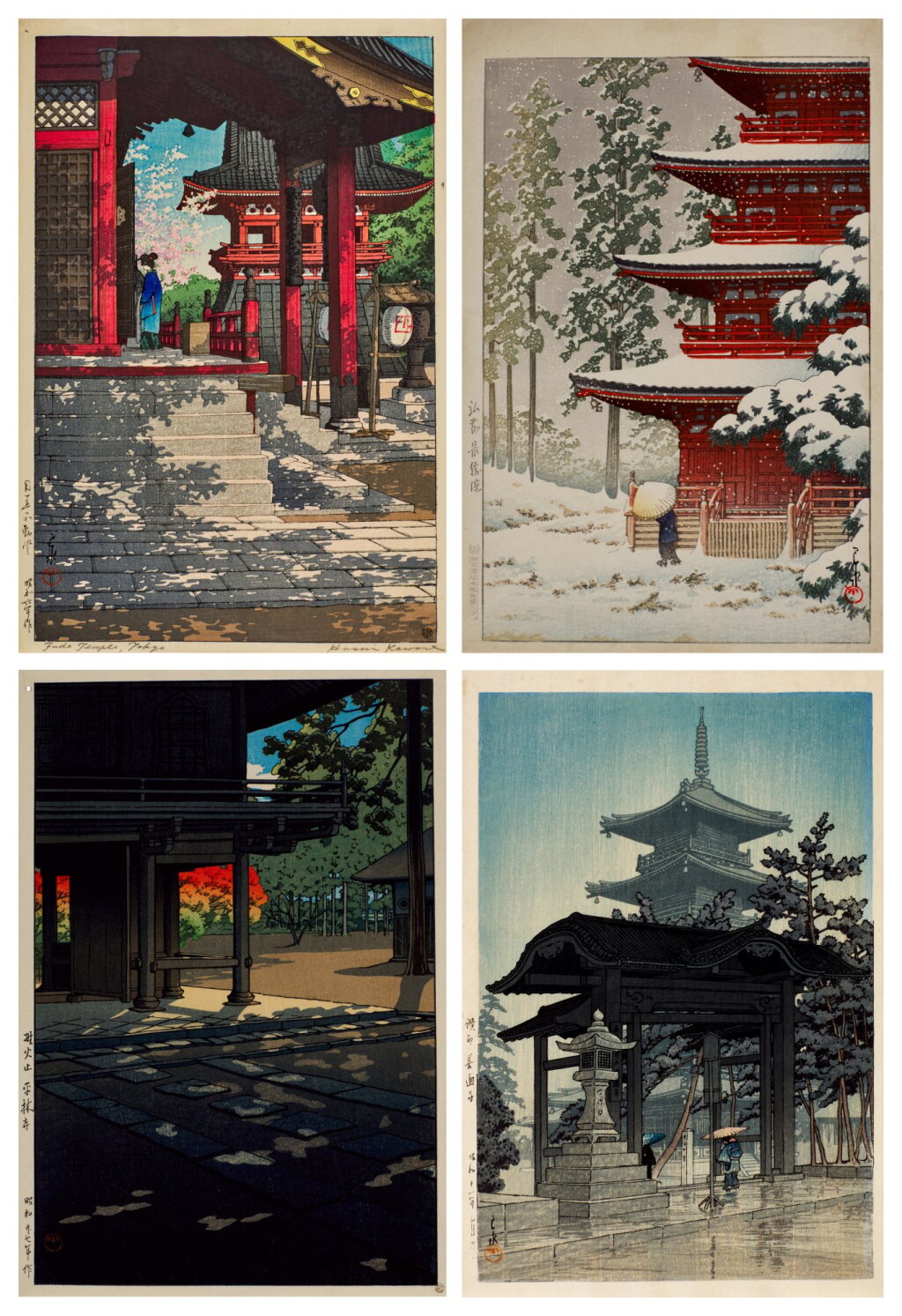 View full screen - View 1 of Lot 126. Kawase Hasui (1883-1957) | Four woodblock prints depicting temples | Showa period, 20th century.