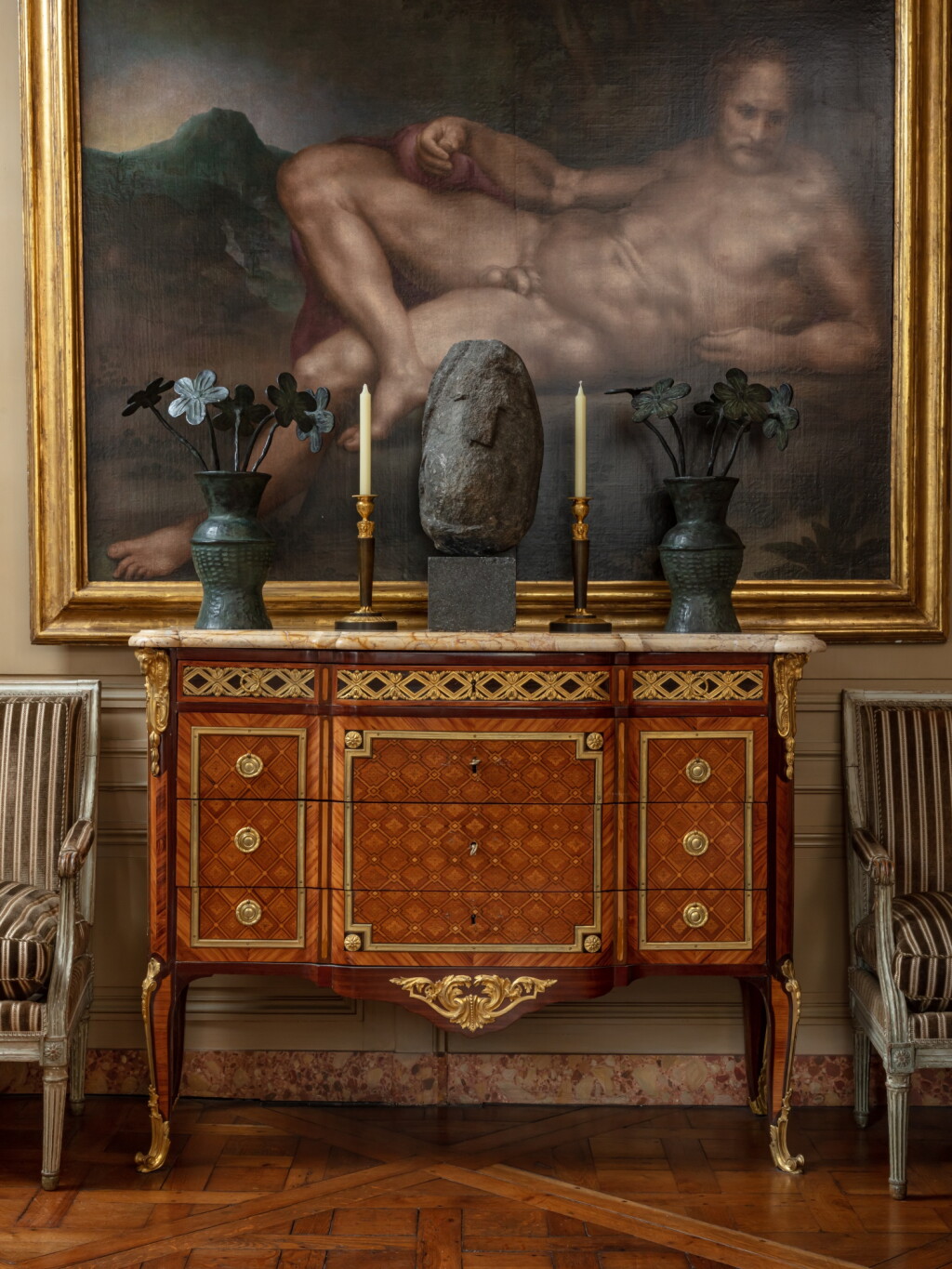 View full screen - View 1 of Lot 66. An early Louis XVI amaranth, satinwood and tulipwood marquetry with gilt-bronze mounts commode, stamped by Philippe Claude Montigny | Commode en marqueterie de croisillons en bois d’amarante, satiné et bois de rose, monture de bronze doré du début de l’époque Louis XVI estampille de Philippe Claude Montigny.