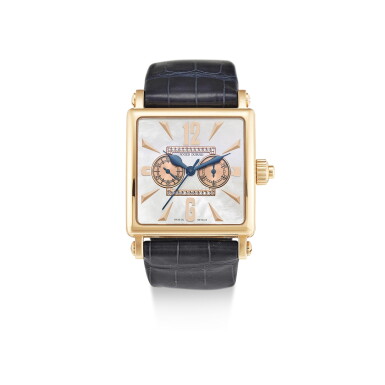 View full screen - View 1 of Lot 612. ROGER DUBUIS | GOLDEN SQUARE, REFERENCE G34 28 5 NG 1D.52, A LIMITED EDITION PINK GOLD AND DIAMOND-SET SINGLE BUTTON CHRONOGRAPH WRISTWATCH WITH MOTHER-OF-PEARL DIAL, CIRCA 2006.