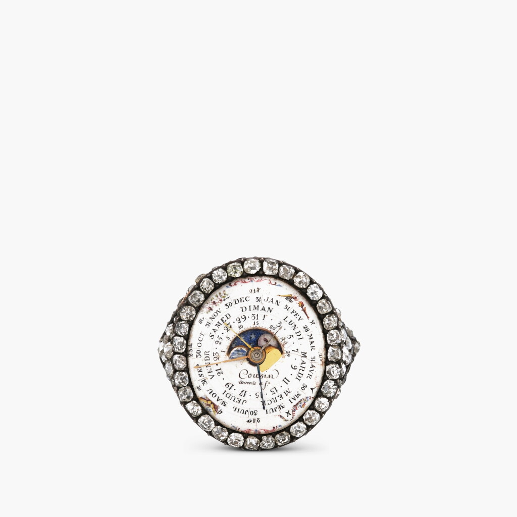 View full screen - View 1 of Lot 2310. An unusual and probably unique pink gold and diamond-set miniature calendar ring, with day, date, month, moonphases, lunar calendar and enamel dial, Circa 1780.