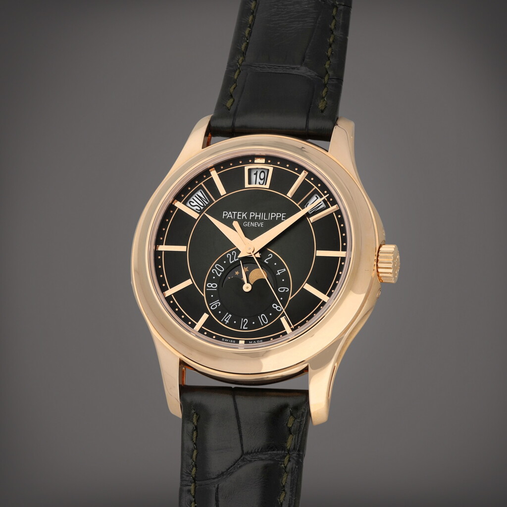 View full screen - View 1 of Lot 73. Reference 5205R-011 | A pink gold annual calendar wristwatch with moon phases and 24-hour indication | Circa 2022.
