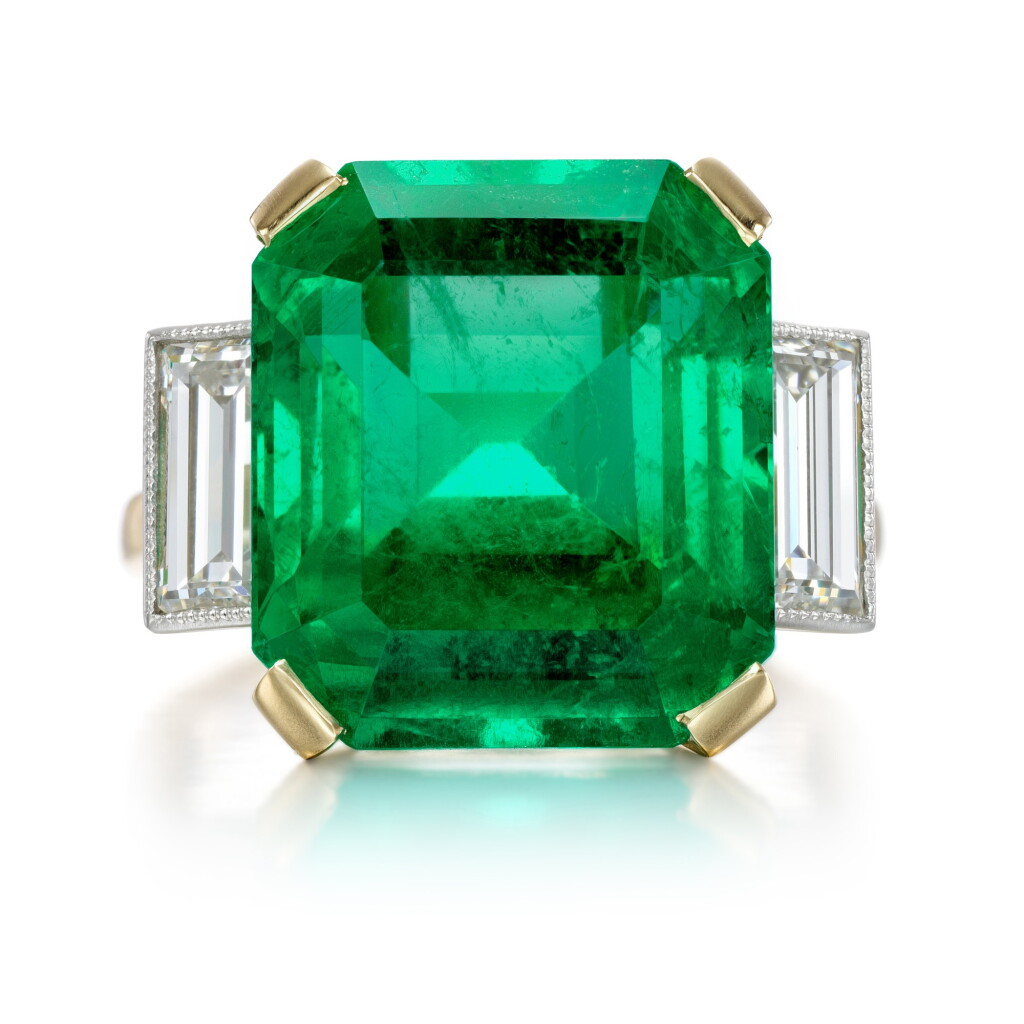 View full screen - View 1 of Lot 56. Emerald and diamond ring.