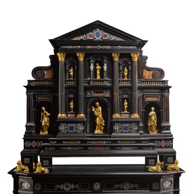 View full screen - View 1 of Lot 81. A North Italian gilt-bronze mounted hardstone and ivory inlaid ebony cabinet-on-stand, second half 19th century.