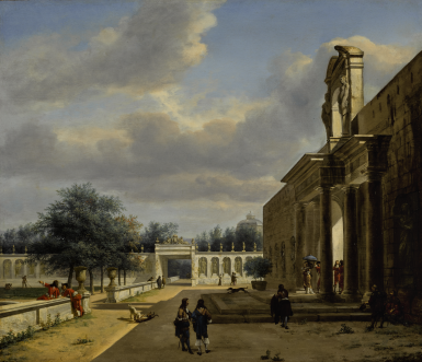 View full screen - View 1 of Lot 44. JAN VAN DER HEYDEN | A PALATIAL GARDEN WITH FIGURES EMERGING FROM A PALACE, THE ROOF OF THE HUIS TEN BOSCH VISIBLE IN THE DISTANCE .