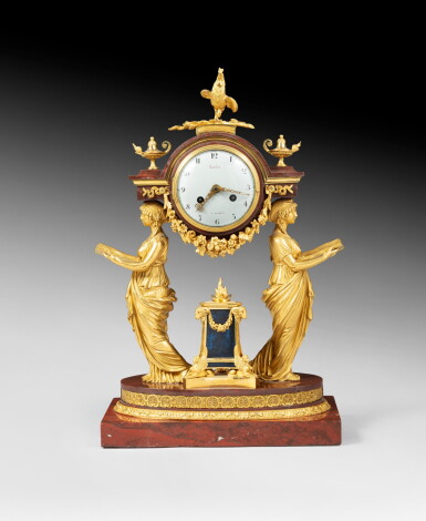 View full screen - View 1 of Lot 58. Gilt bronze Vestal clock attributed to Thomire, the dial signed Dubuc in Paris | Pendule aux Vestales en bronze doré attribuée à Thomire, le cadran signé Dubuc à Paris.