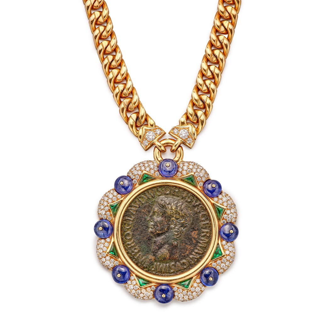 View full screen - View 1 of Lot 337. 'Monete' Antique Coin, Sapphire, Emerald and Diamond Pendent Necklace | 寶格麗 | 'Monete' 古代錢幣 配 藍寶石, 祖母綠 及 鑽石 項鏈.