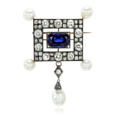 View full screen - View 1 of Lot 5. Colour change sapphire, natural pearl and diamond brooch, circa 1900.