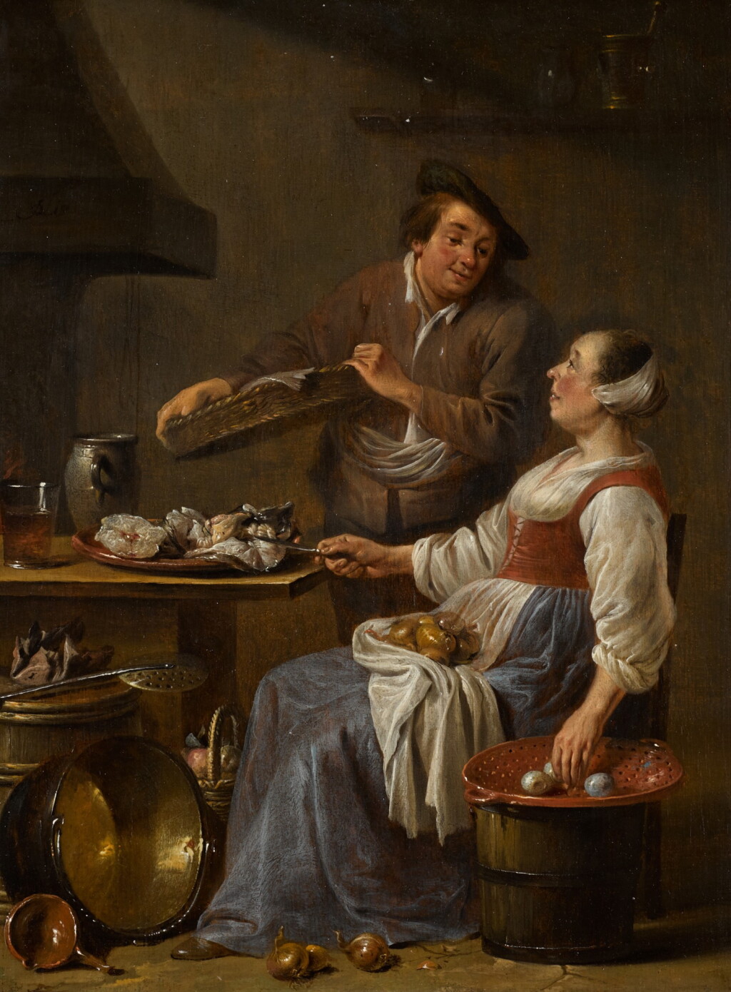 View full screen - View 1 of Lot 52. JAN OLIS | A kitchen maid and a fishmonger in an interior.