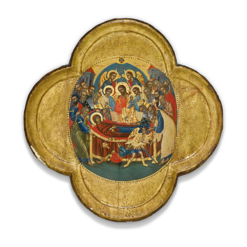 View full screen - View 1 of Lot 329. A quatrefoil panel with the Dormition of the Mother of God, Greece, 18th century.