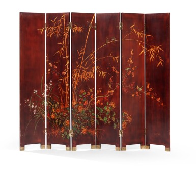 View full screen - View 1 of Lot 9. Thanh Le studio (1919-2003), Folding screen decorated with flowers of the four seasons | Thanh Le 工作室 (1919-2003) 紅漆地描四季花卉紋六扇屏風.