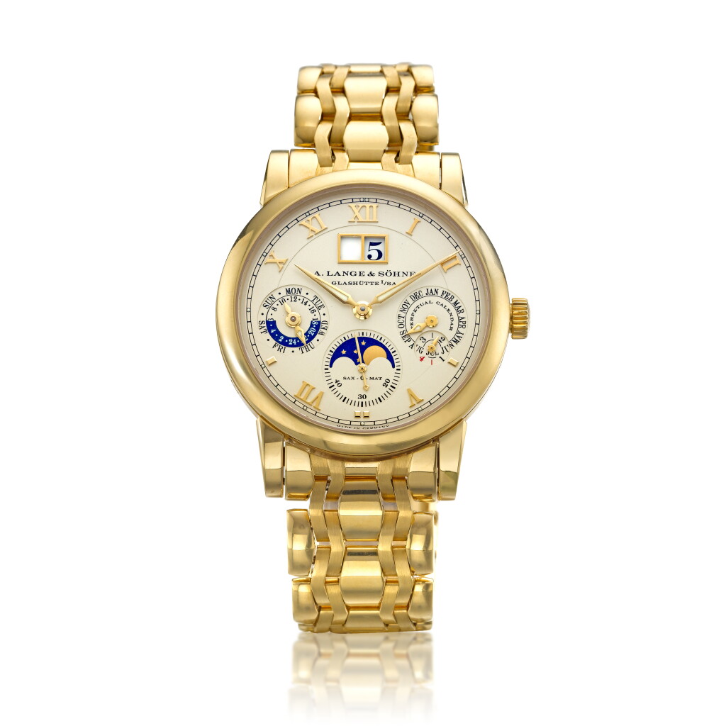 View full screen - View 1 of Lot 135. Reference 310.221E Sax-O-Mat Langematik Perpetual, A yellow gold perpetual calendar wristwatch with moon phases, zero-reset mechanism and bracelet, Circa 2005 朗格 310.221E 型號 Sax-O-Mat Langematik Perpetual 黃金萬年曆鍊帶腕錶備月相顯示及歸零裝置,約2005年製.