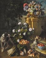 Still life with a dog and a cat in a garden landscape with game, flowers, a bunch of asparagus, a wicker basket of peaches and a blue and white porcelain bowl of wild strawberries