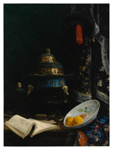 View full screen - View 1 of Lot 29. E.A. BARON DESLANDES | STILL LIFE FEATURING AN 18TH CENTURY CHINESE CENSER, PORCELAIN ENAMELED DISH AND QING DYNASTY COURTIER'S HAT .