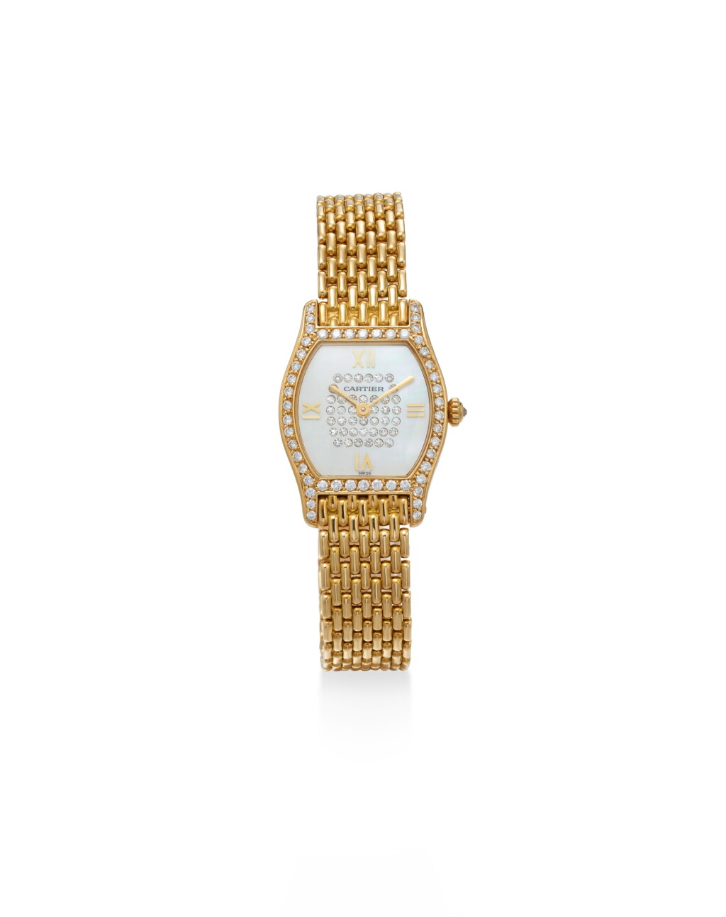 View full screen - View 1 of Lot 1975. Tortue A yellow gold and diamond-set bracelet watch with mother-of-pearl dial, Circa 1995.