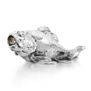 View full screen - View 1 of Lot 68. A Fabergé silver salt shaker in the form of a carp, workmaster Hjalmar Armfelt, St Petersburg, 1908-1917.