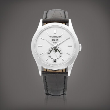View full screen - View 1 of Lot 8703. Reference 5396 | A white gold annual calendar wristwatch with moon phases and 24 hours indication, Circa 2010 | 百達翡麗 | 型號5396 | 白金年曆腕錶,備月相及24小時顯示,約2010年製.