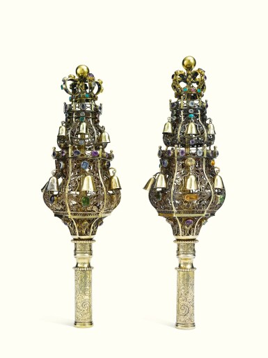 View full screen - View 1 of Lot 20. A PAIR OF DUTCH SILVER-GILT AND JEWEL-SET FILIGREE TORAH FINIALS, HEDDE BUYS, SCHOONHOVEN, 1840-57.