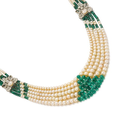 View full screen - View 1 of Lot 104. Cultured pearl, emerald and diamond necklace .