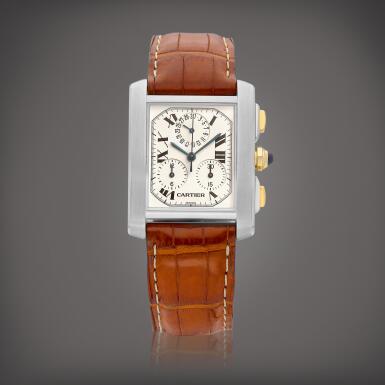 View full screen - View 1 of Lot 8677. Tank Française, Reference 2303 | A stainless steel chronograph wristwatch with date, Circa 2003 | 卡地亞 | Tank Française 型號2303 | 精鋼計時腕錶,備日期顯示,約2003年製.