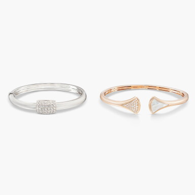 View full screen - View 1 of Lot 1466. Mother-of-Pearl and Diamond 'Divas' Bangle and Diamond Bangle | 寶格麗 及 伯爵 | 貝母 配 鑽石 'Divas' 手鐲 及 鑽石 手鐲.
