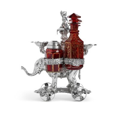 View full screen - View 1 of Lot 402. An Austrian Silver and Glass Elephant-Form Condiment Holder, probably Wilhelm Ramsch, Vienna, 1855.