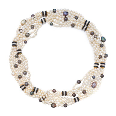 View full screen - View 1 of Lot 284. Cultured Pearl, Diamond and Enamel Necklace.