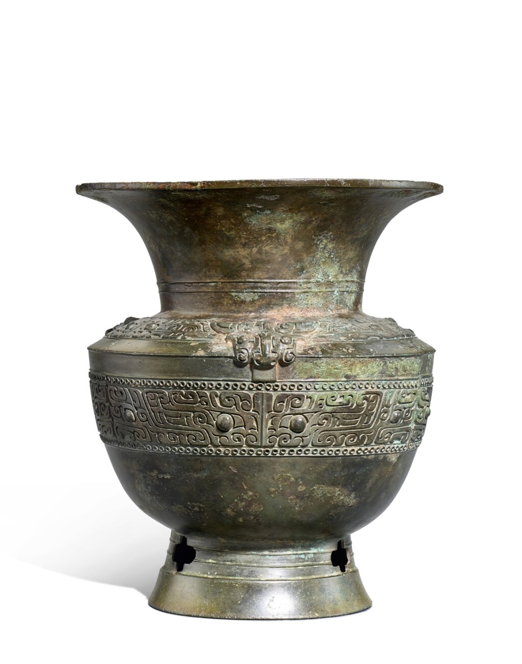 View full screen - View 1 of Lot 2026. An archaic bronze ritual wine vessel, zun, Shang dynasty | 商 青銅獸面犧首尊.