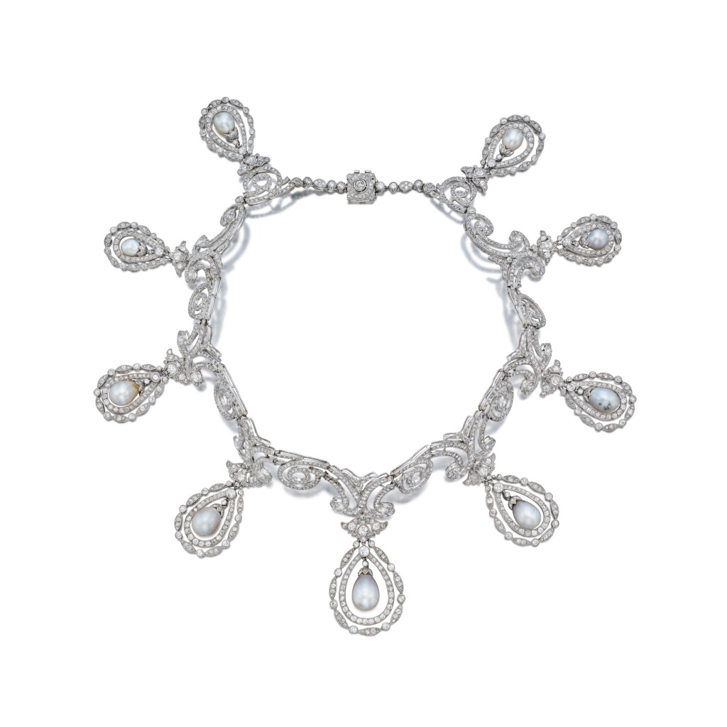 View full screen - View 1 of Lot 35. Natural Pearl and Diamond Necklace.