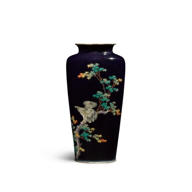 View full screen - View 1 of Lot 43. A cloisonné enamel vase with eagle and maple | Meiji period, late 19th century.