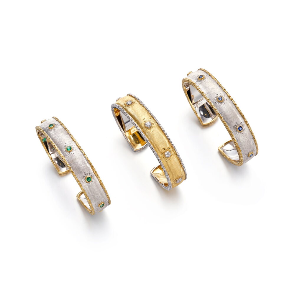 View full screen - View 1 of Lot 335. Three Gem Set or Diamond Cuff Bangles | 馬里奧 布契拉提 | 寶石 及 鑽石 手鐲三枚.