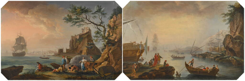 View full screen - View 1 of Lot 75. A pair of French harbour scenes at sunset: A view of the environs of Bayonne, with figures in the foreground and shipping offshore; A view of a port, with figures coming in to dock.