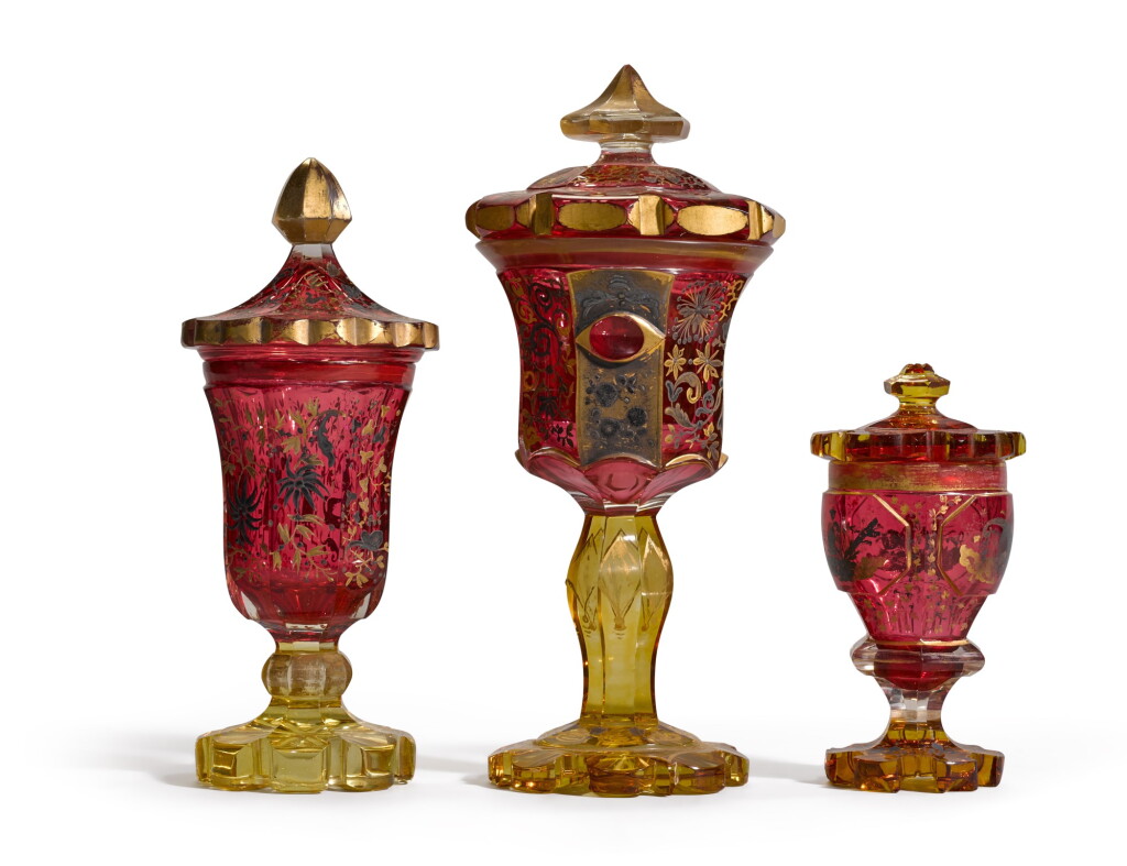 View full screen - View 1 of Lot 137. Three Bohemian cut, stained, silvered and gilt goblets and cover, all circa 1840.