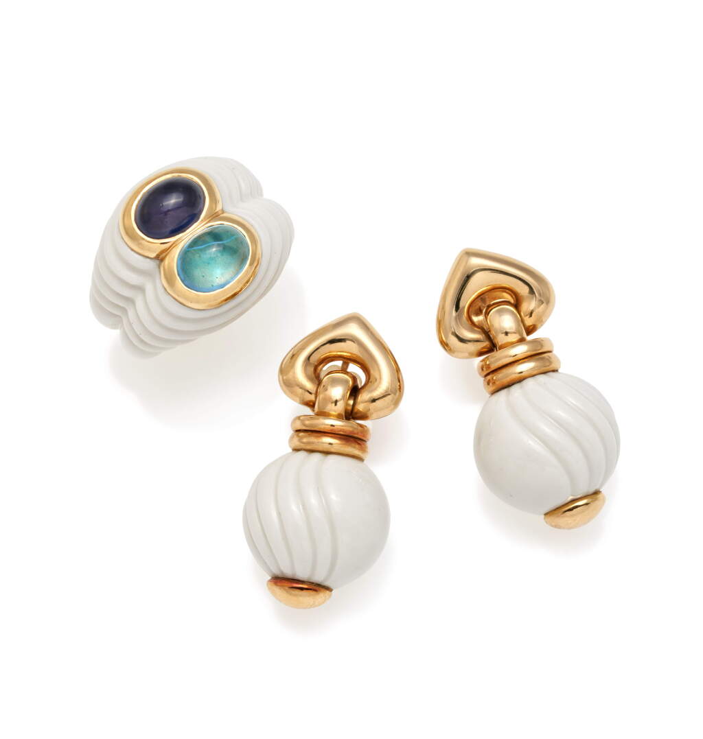 View full screen - View 1 of Lot 38. Porcelain and gem-set ring, BULGARI and pair of earrings, 'Chandra'.