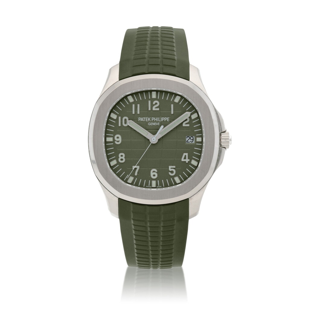 View full screen - View 1 of Lot 133. 'Jumbo' Aquanaut, Ref. 5168G-010 White gold wristwatch with date and rubber strap Circa 2020 | 百達翡麗 | 5168G-010型號「'Jumbo' Aquanaut」白金腕錶備日期顯示及橡膠錶帶,年份約2020.