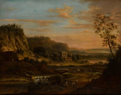 View full screen - View 1 of Lot 369. Peasants on a road by a river in a Rhenish landscape.