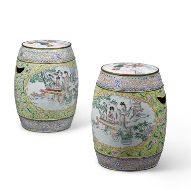 View full screen - View 1 of Lot 172. A pair of canton painted enamel barrel-shaped stools 20th century.