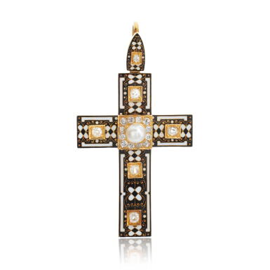 View full screen - View 1 of Lot 1028. Pearl, enamel and diamond pendant, circa 1865.