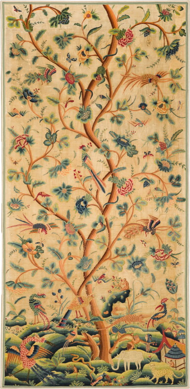 View full screen - View 1 of Lot 5. Tree of Life, An embroidered crewel work panel, probably hanging from a tester bed, English, late 17th/early 18th century.