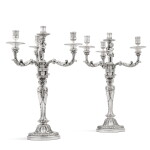 Royal: a pair of French silver four-light candelabra made for the George III service, Robert-Joseph Auguste, Paris, 1780, drip pans 1778/1779/1781