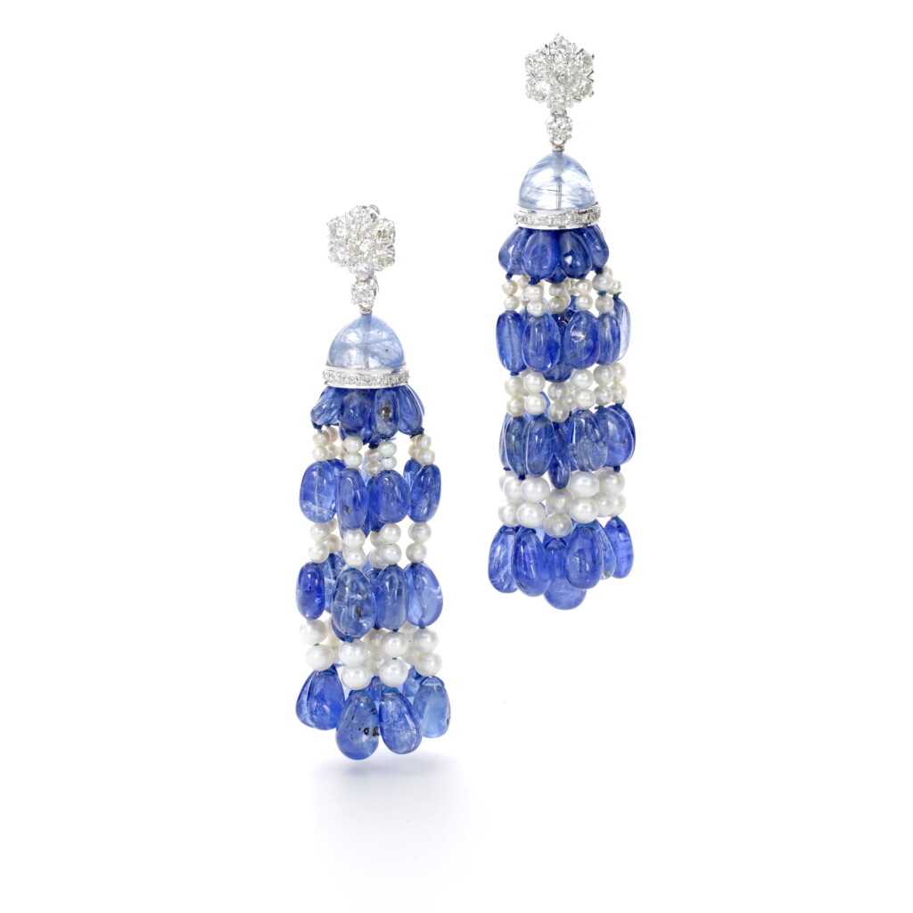 View full screen - View 1 of Lot 503. MICHELE DELLA VALLE | PAIR OF SAPPHIRE, SEED PEARL AND DIAMOND PENDENT EAR CLIPS .