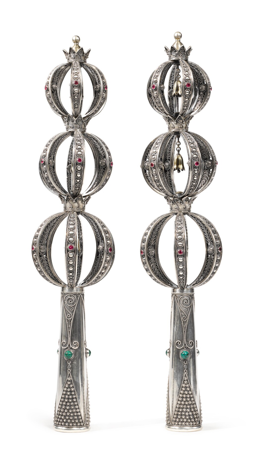 View full screen - View 1 of Lot 133. A PAIR OF ISRAELI SILVER FILIGREE TORAH FINIALS, YAACOV YEMINI, JERUSALEM, 1960S.