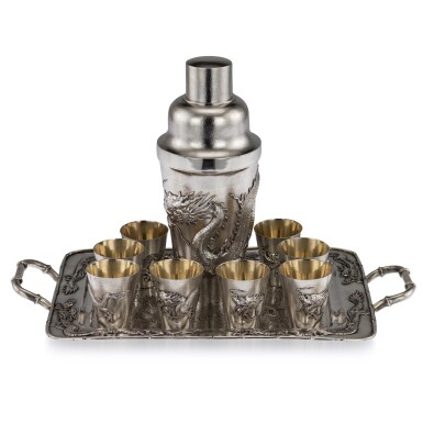 View full screen - View 1 of Lot 110. A CHINESE EXPORT SILVER COCKTAIL SET, MAKERS MARK WH OR HM, EARLY 20TH CENTURY.