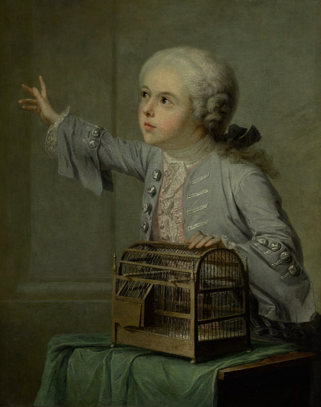 View full screen - View 1 of Lot 212. FRANÇOIS HUBERT DROUAIS | A BOY SEATED AT A TABLE, LOOKING UP, WITH AN OPEN BIRDCAGE.