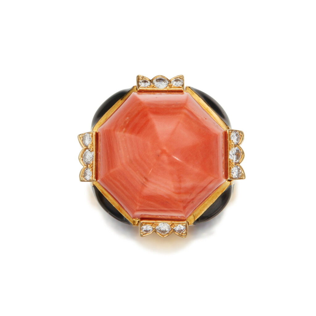 View full screen - View 1 of Lot 80. Coral, Diamond and Enamel Ring.