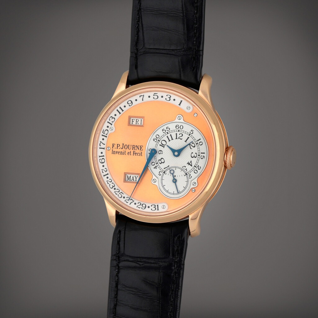 View full screen - View 1 of Lot 94. Octa Calendrier | A pink gold annual calendar wristwatch with retrograde date and brass movement | Circa 2003 | F. P. Journe | Octa Calendrier | 粉紅金年曆腕錶備逆跳日期顯示及黃銅機芯,製作年份約2003.