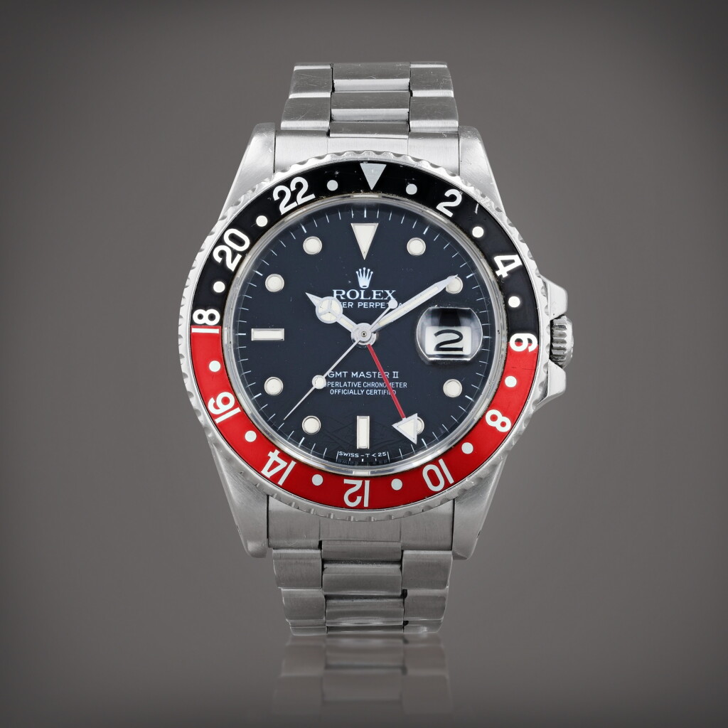 View full screen - View 1 of Lot 367. GMT-Master II 'Fat Lady' with spider dial, reference 16760 Montre bracelet en acier avec deux fuseaux horaires et date | Stainless steel dual time zone wristwatch with date and bracelet Vers 1984 | Circa 1984.