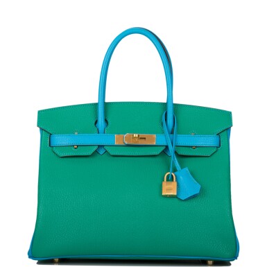 View full screen - View 1 of Lot 92. HERMÈS | HORSESHOE STAMP (HSS) BICOLOR MENTHE AND BLEU AZTEC BIRKIN 30CM OF CHEVRE LEATHER WITH BRUSHED GOLD HARDWARE.