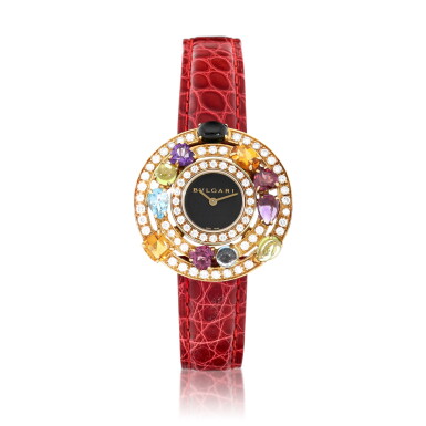 View full screen - View 1 of Lot 9271. Bvlgari | Astrale, Reference AE 36G, A pink gold, diamond, and multi gem-set wristwatch, Circa 2006 | 寶格麗 | Astrale 型號AE 36G 粉紅金鑲鑽石及多彩寶石腕錶,約2006年製.